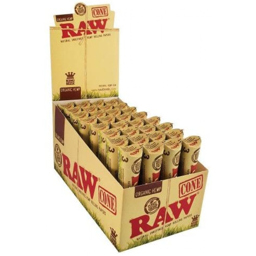 RAW Organic King Size pre-rolled cones with 32 packs per box and 3 cones per pack, made from organic natural fibers for a smooth burn.