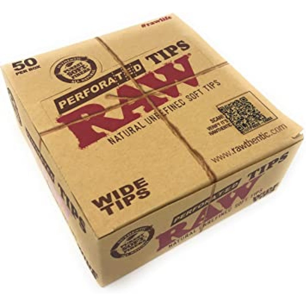 RAW perforated wide tips 50 count per box featuring pre-cut perforations for easy folding, consistent filtering, and smooth rolling performance.