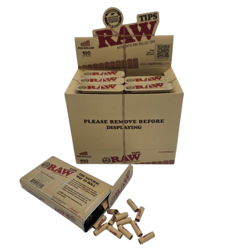 RAW Pre-Rolled Tips 100 per tin, 6 tins per box, convenient ready-to-use filter tips designed for smooth airflow and consistent rolling experience.