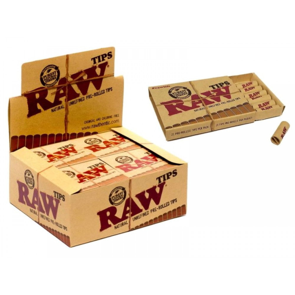 RAW Pre-Rolled Tips 20 per box made from natural unrefined paper for easy use and consistent filter performance.