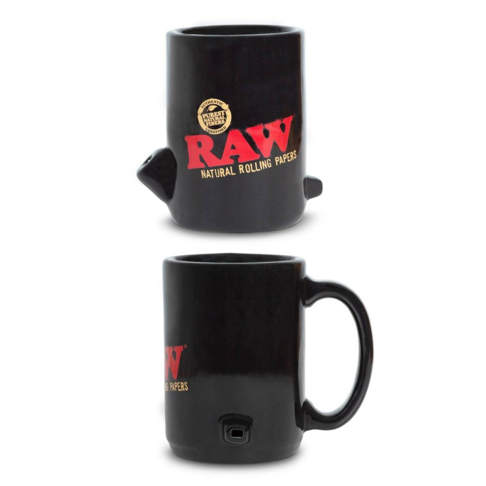 RAW Wake Up and Bake Up Mug featuring durable ceramic construction, comfortable handle, and official RAW branded design.