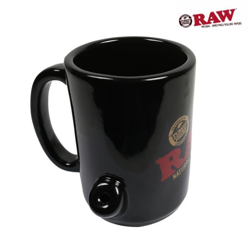 RAW Wake Up & Bake Up mug featuring a durable ceramic design with iconic RAW branding, perfect for enjoying coffee, tea, or other favorite beverages.