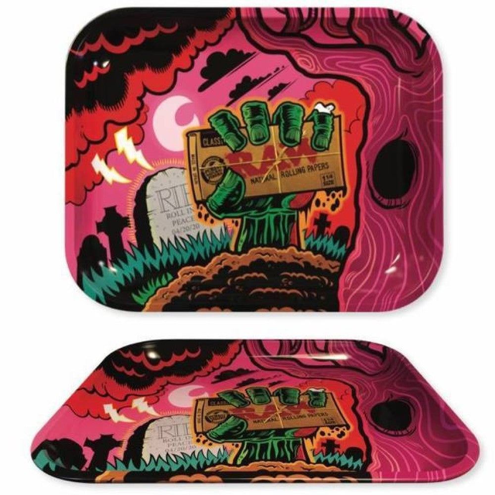 RAW Zombie large rolling tray 14 x 11 inch size, durable metal tray with smooth edges and bold zombie artwork for organized rolling accessories setup.