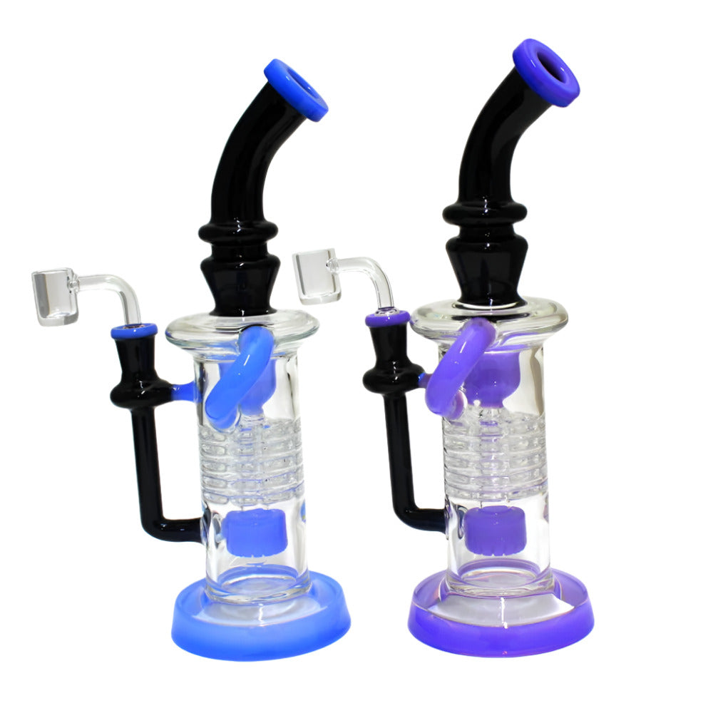 Recycler design percolator water pipe with 14mm male banger featuring durable glass construction and smooth filtration system.