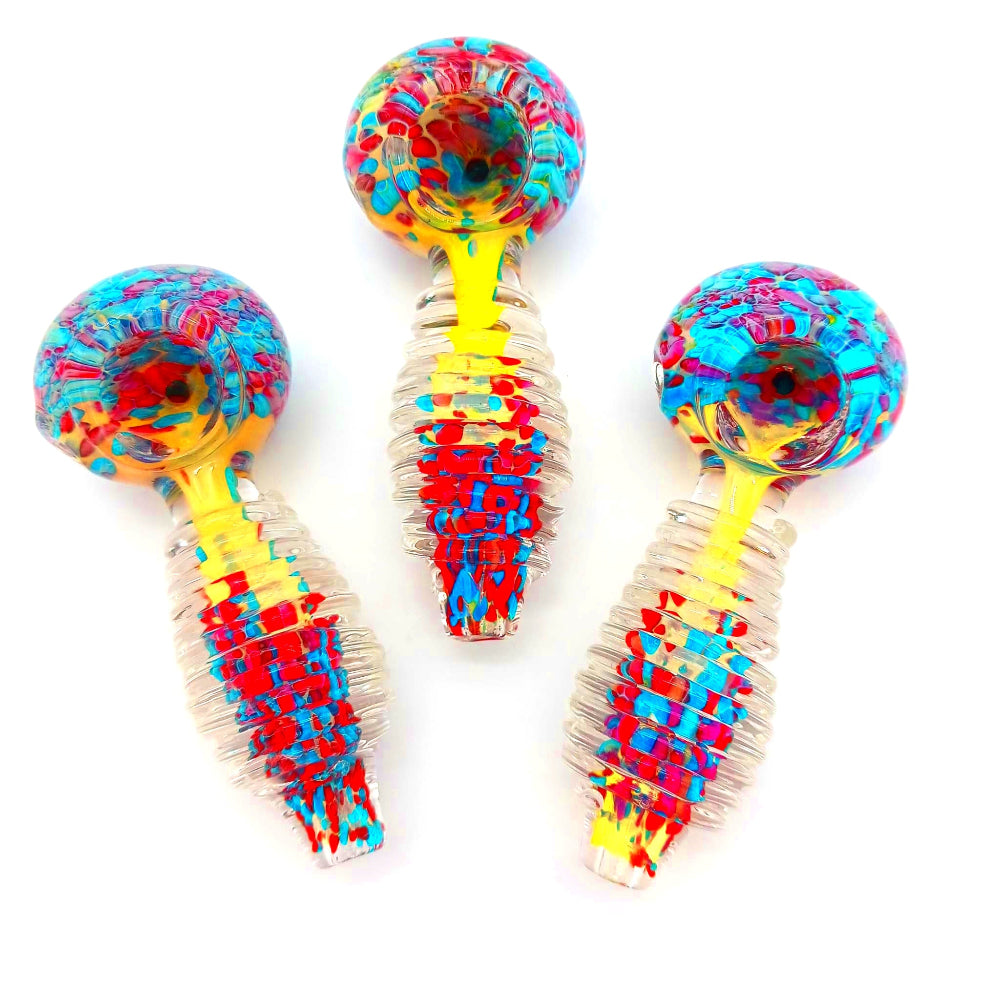 Heavy duty ribbed design glass hand pipe with colorful confetti-style pattern, crafted for a comfortable grip and smooth smoking experience with durable thick glass construction.