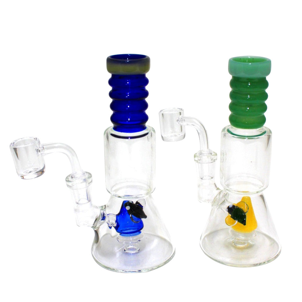 Top ribbed design glass dab rig water pipe with 14mm male banger, durable borosilicate glass build with smooth airflow and heat-resistant design.