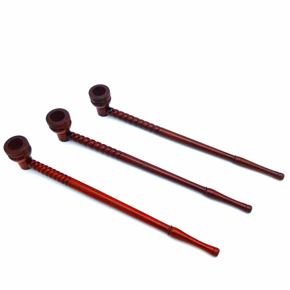 Ribbed design long wood pipe made from natural wood, featuring textured grip detailing, smooth polished finish, and an extended durable handcrafted pipe design.