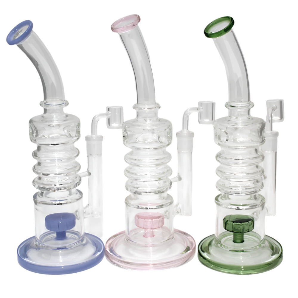 Ribbed neck shower head percolator water pipe with 14mm male banger featuring durable glass construction and smooth filtration system.