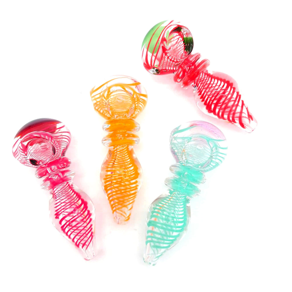 Heavy duty glass hand pipe with ribbed structure and swirl color design, crafted from thick durable glass for a secure grip and smooth smoking experience.