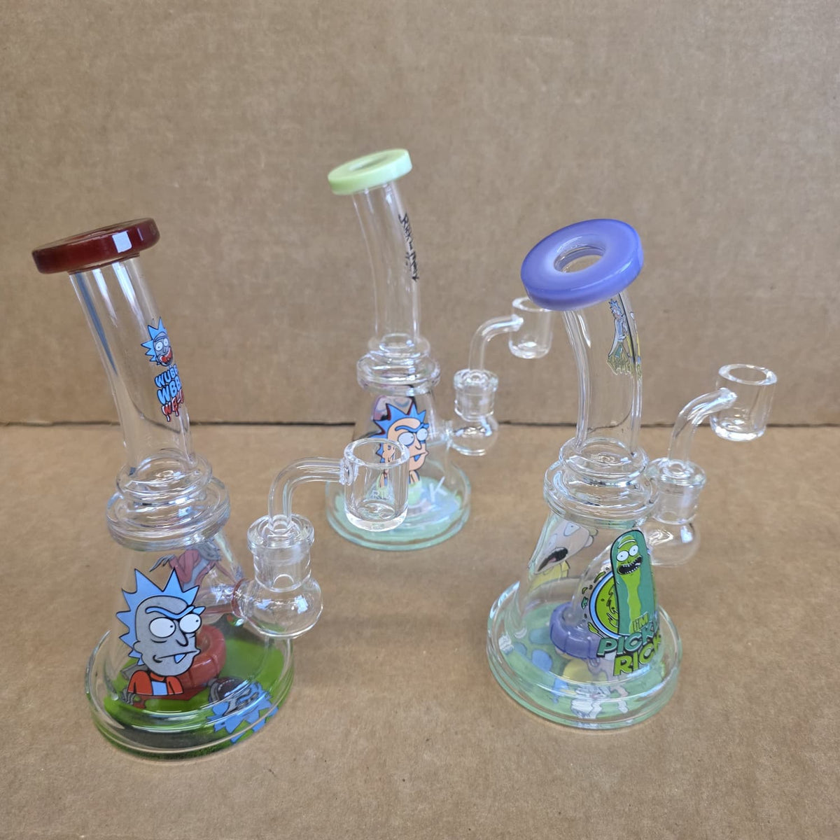 Close-up shot of colored glass tube neck and flared mouthpiece on RM decal dab rig