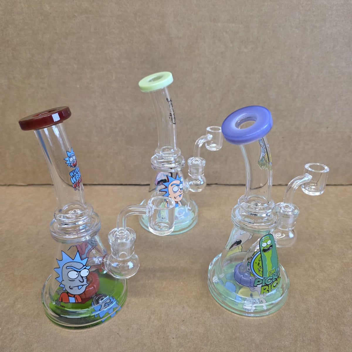 Three quarter high angle perspective showing Rick and Morty decal detail with colored glass tube accents