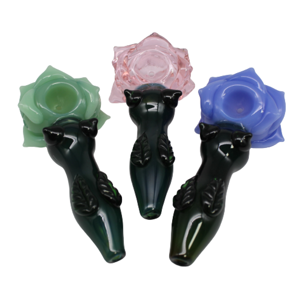 Rose Flower Shape Heavy Duty Glass Hand Pipe made from durable borosilicate glass with elegant rose flower design, compact, heat-resistant, and strong build pipe.