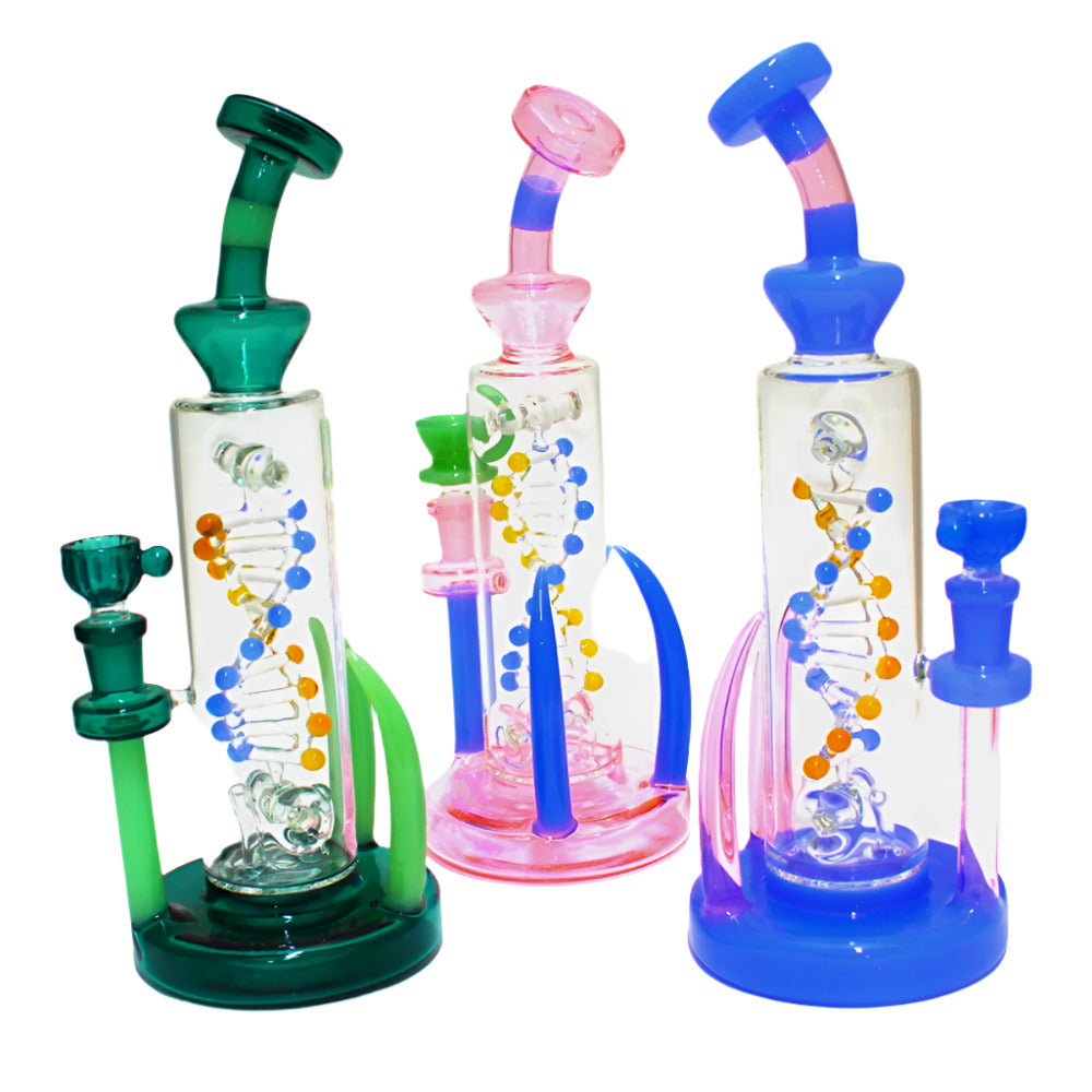 Rotating DNA design spinner water pipe with 14mm male banger featuring durable glass construction and smooth filtration system.