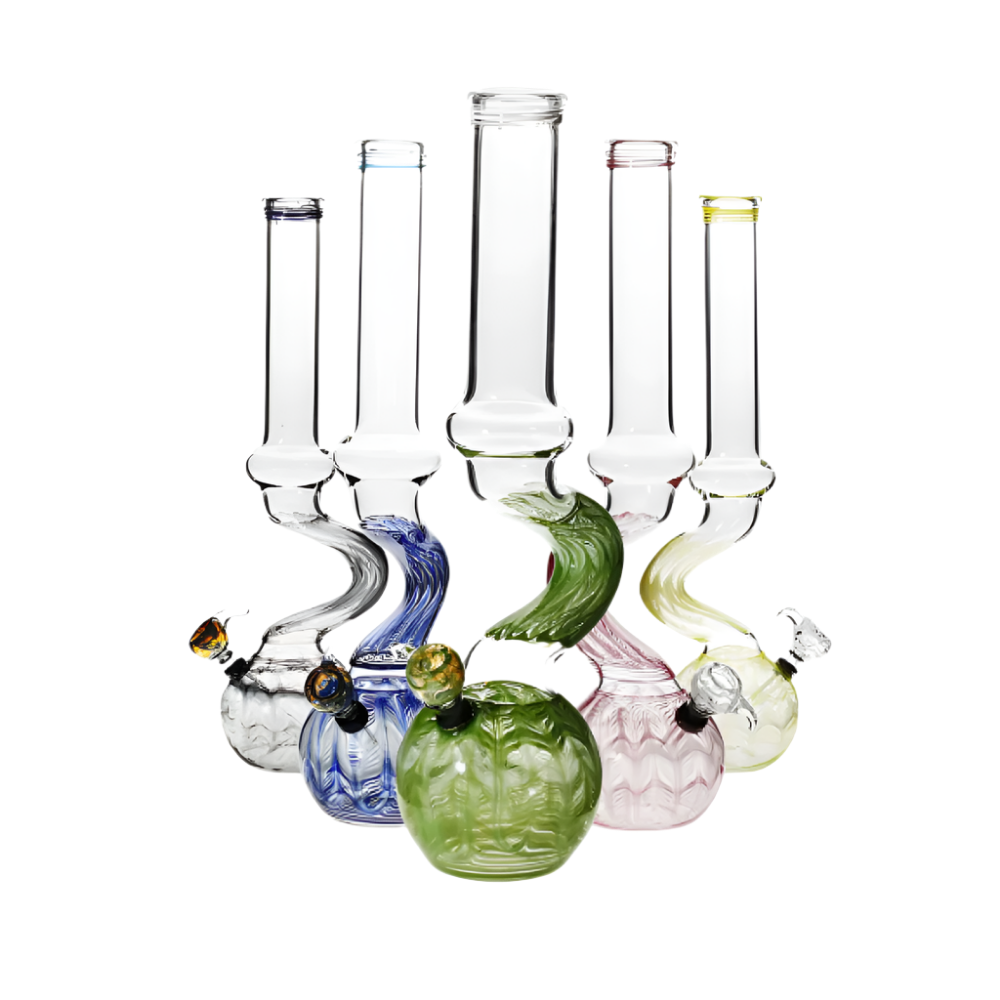 Round base with curved design water pipe featuring durable glass construction, stable round base, and smooth filtration in a classic regular-size design.