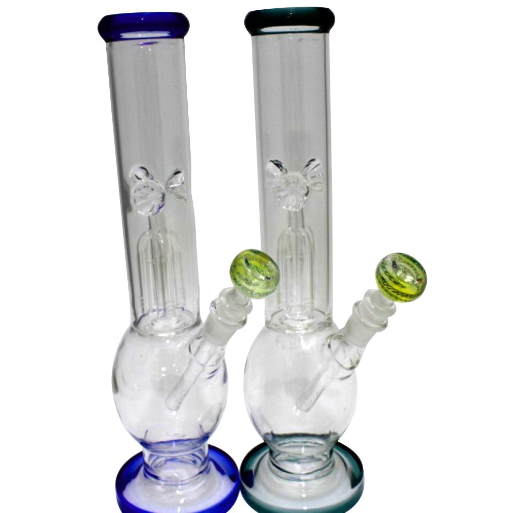 Round bottom water pipe with tree percolator, colored tube design, 14mm male bowl, and glass-on-glass connection for smooth filtration.
