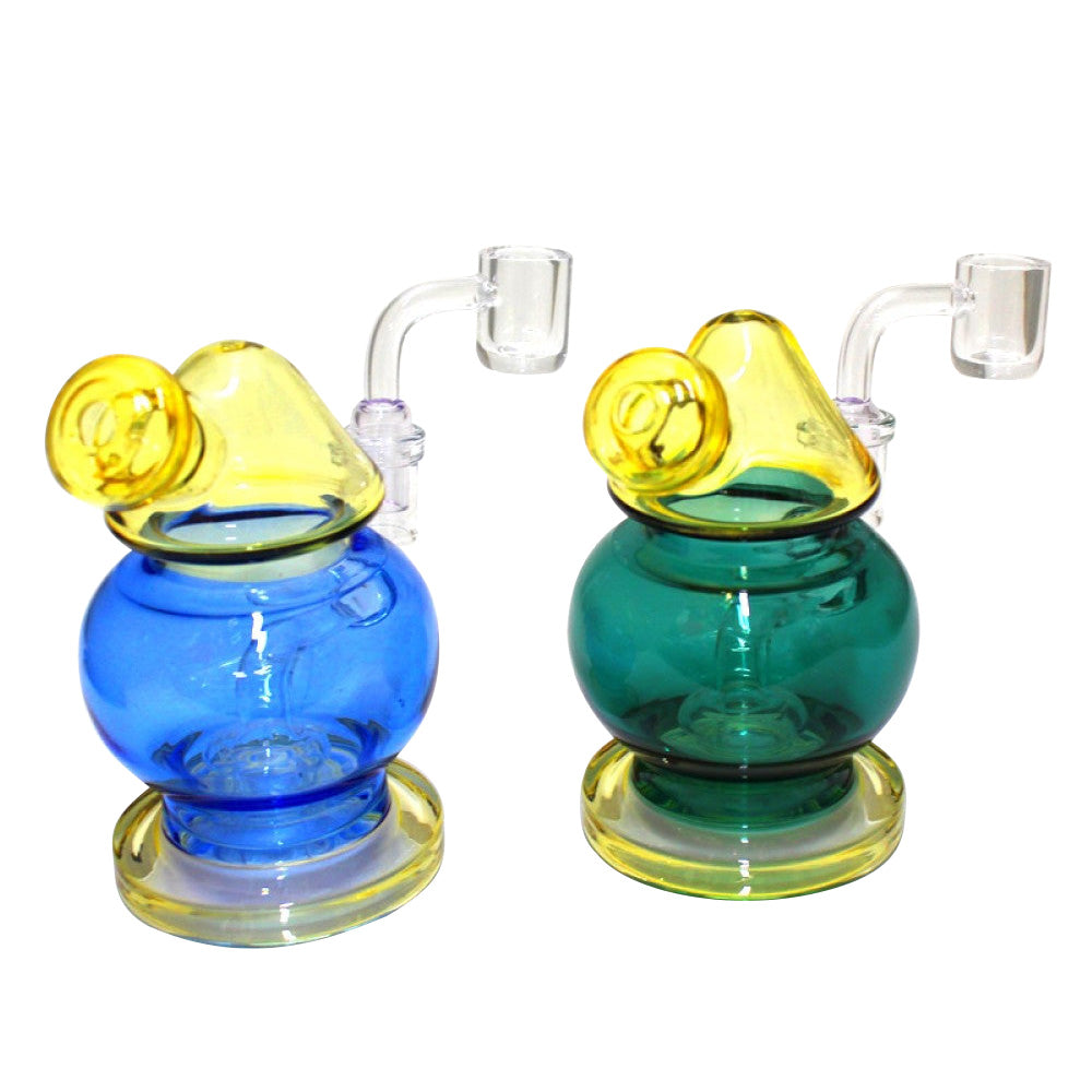 Round design dab rig water pipe with 14MM male banger featuring durable glass construction, smooth water filtration, and compact stylish design for clean hits.