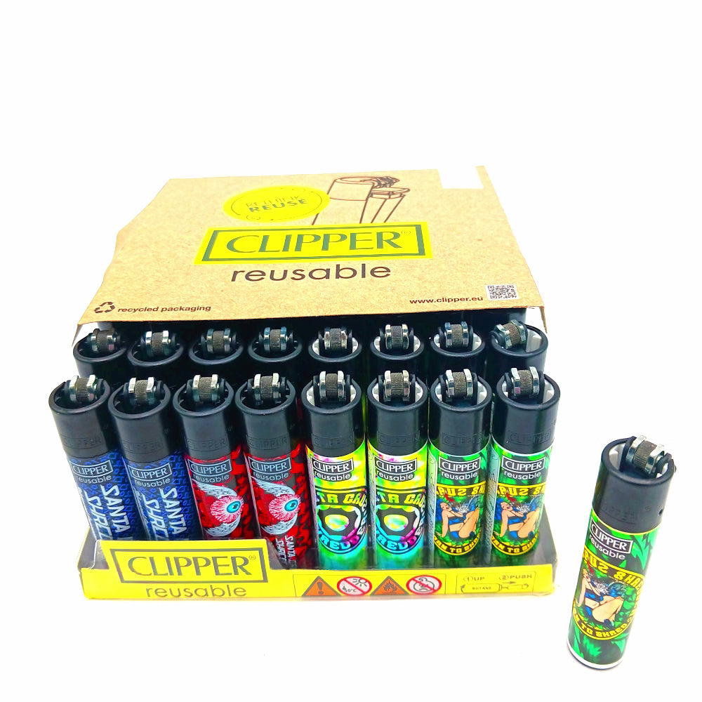 Santa Cruz Clipper reusable lighters 48 pack bulk set, durable refillable lighters with reliable flame and ergonomic design for everyday and retail use.