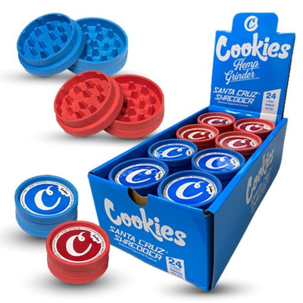 Santa Cruz Shredder 2 Part Hemp Cookies Grinder made from sustainable hemp material with durable 2-piece grinding design, 24 per pack.