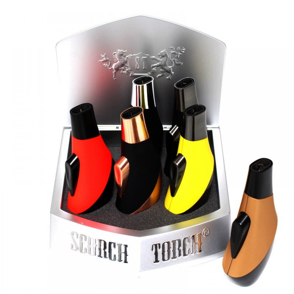 Scorch double flame torch lighter Model 61547, assorted color 6 pack, durable metal body with strong dual flame ignition for easy and reliable use.