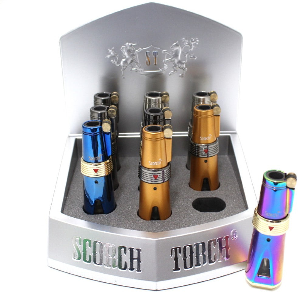 Scorch Torch model 61580 flint igniter torch assorted colors 9 per display, durable 4 inch refillable torch with straight up flame design.