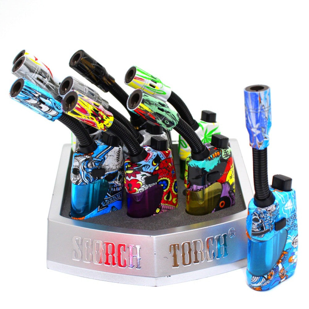 Scorch Torch 61685 bendable torch with assorted leaf and 420 themed designs, flexible neck, durable metal build and strong flame for reliable use.