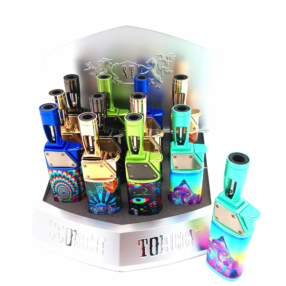 Scorch Torch 61788 turbo torch lighters 12 pack, powerful jet flame refillable lighters with ergonomic design and adjustable flame for retail use.