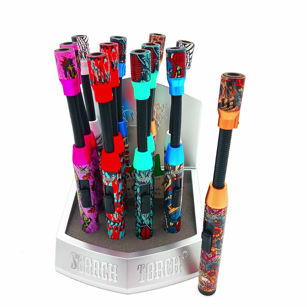12 count Scorch Torch 61819 standing bendable torch lighters bulk pack, flexible neck refillable lighters with hold-button ignition and strong jet flame.