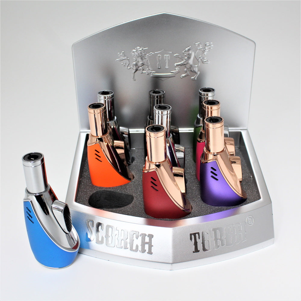 Scorch Torch Easy Grip Model 61546, assorted color 9 pcs display pack, durable metal body with strong flame ignition and ergonomic design for easy use.