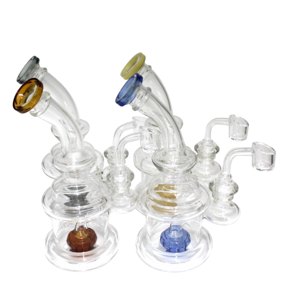 Shower head percolator dab rig water pipe with 14MM male banger, durable glass construction, efficient filtration and smooth airflow system.