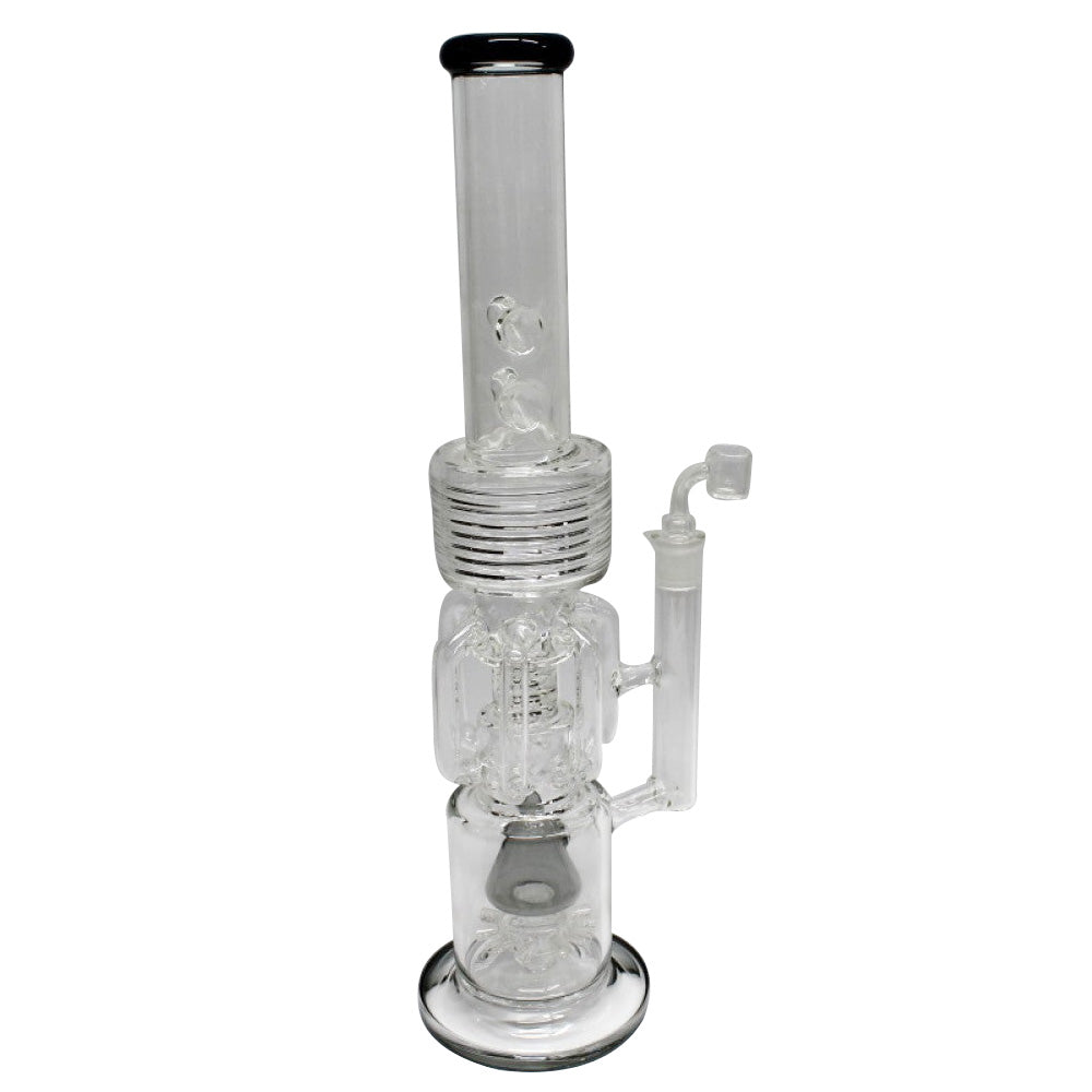 Shower head percolator water pipe with handled design heavy-duty glass construction advanced filtration system and wide base for smooth and cool smoke experience.