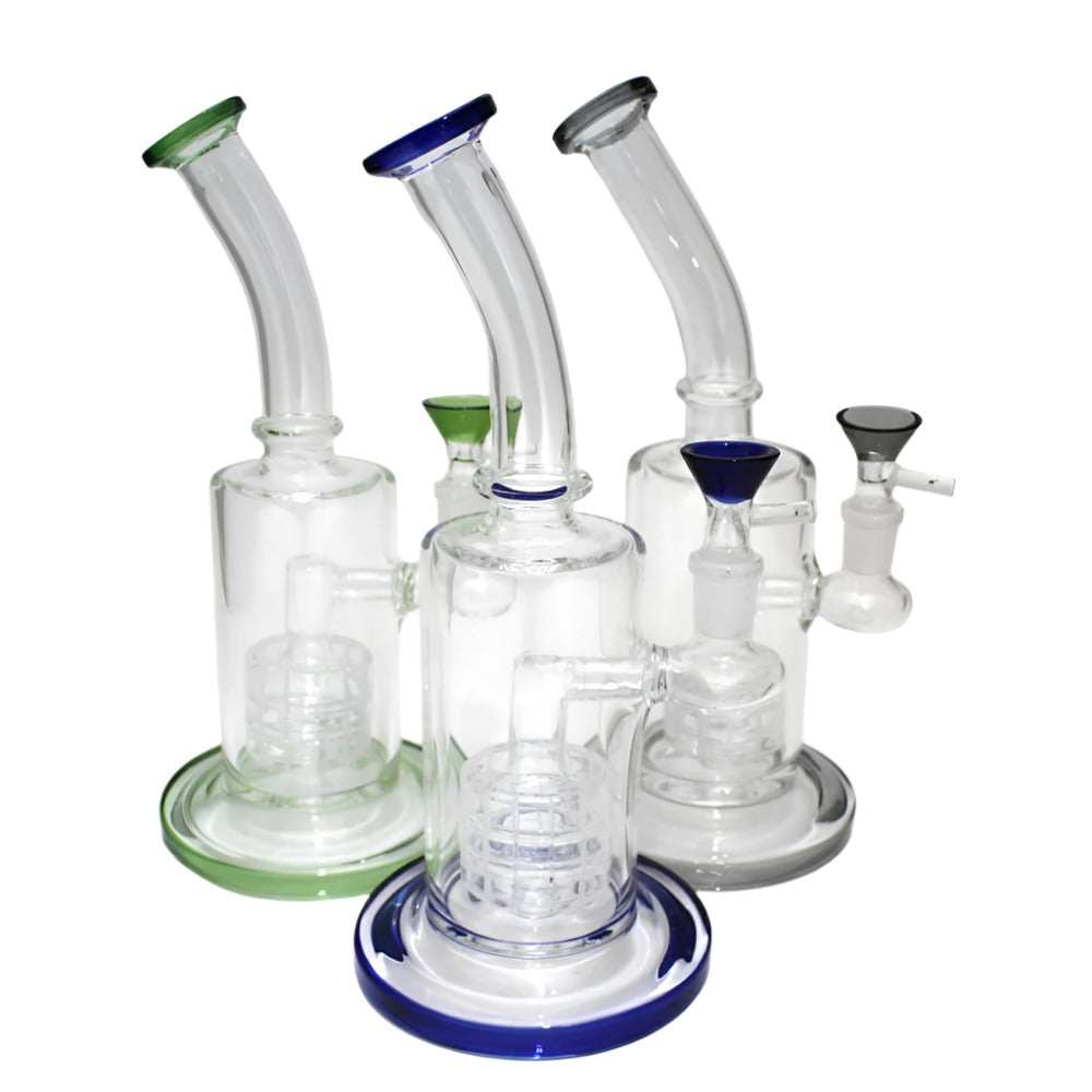 Shower head percolator water pipe featuring durable borosilicate glass construction, stable base, and smooth filtration system.