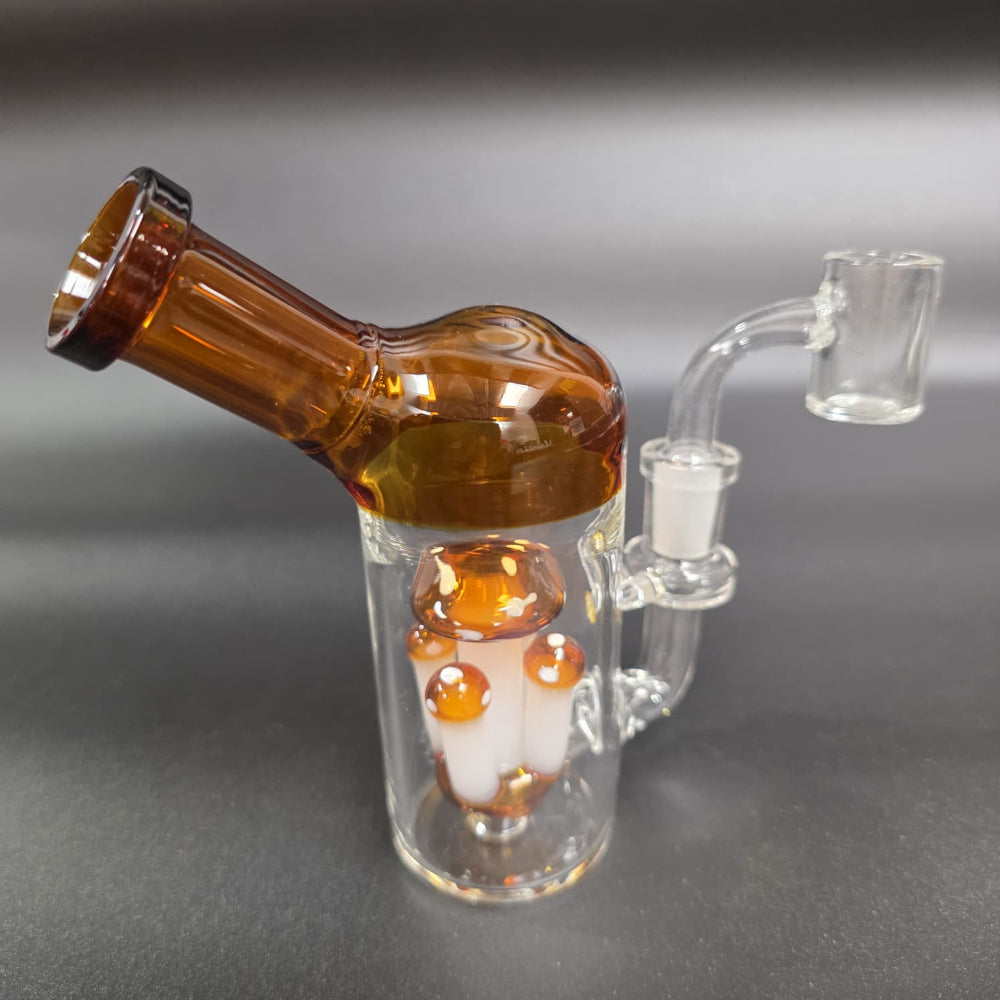 Side arm mushroom percolator glass dab rig water pipe with 14mm male banger, designed for smooth airflow, stable use, and clean vapor filtration.