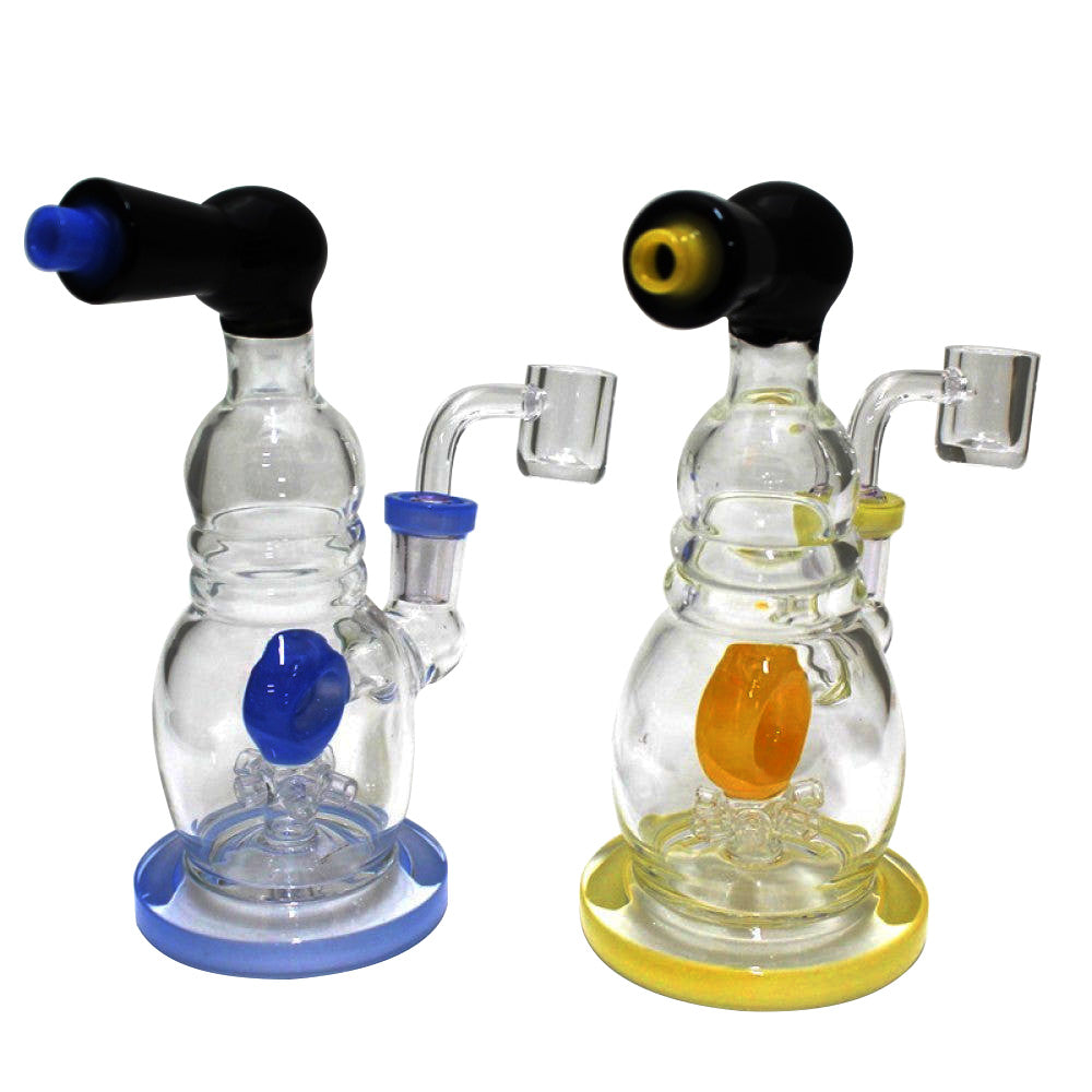 Side car design percolator tube color dab rig water pipe with 14MM male banger, durable glass construction and smooth filtration system.