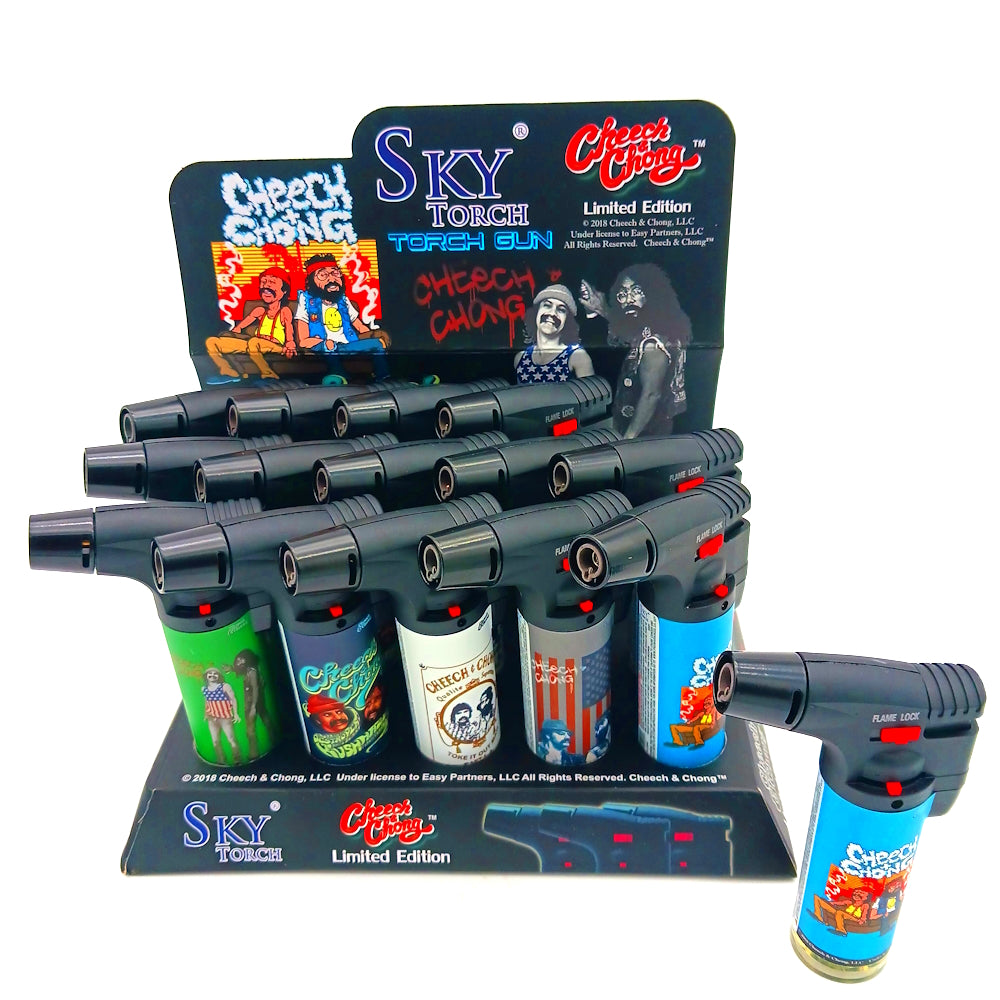 SK101CC Sky Cheech & Chong side torch lighter 15 count display with adjustable wind-resistant flame, durable body, and reliable ignition for daily use.