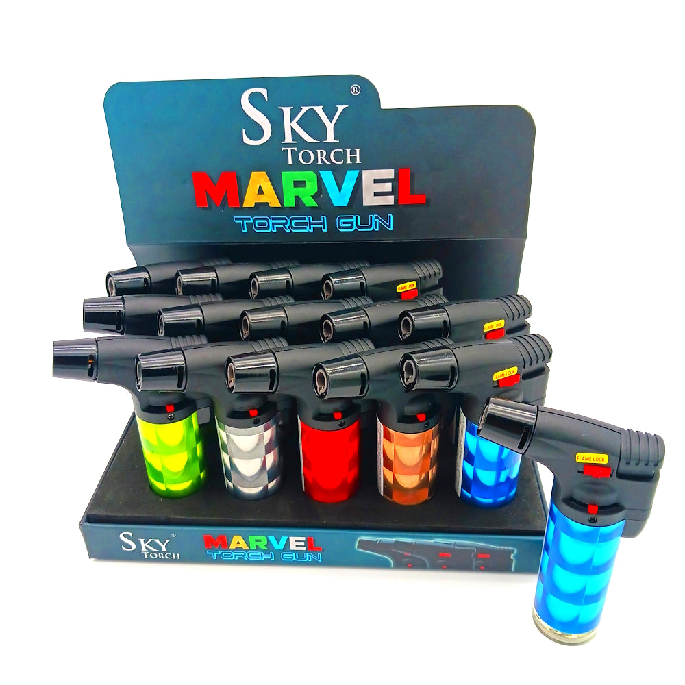 SK101MV Sky Marvel side torch lighter 15 count display with adjustable wind-resistant flame, durable body, and reliable high-heat torch performance for daily use.
