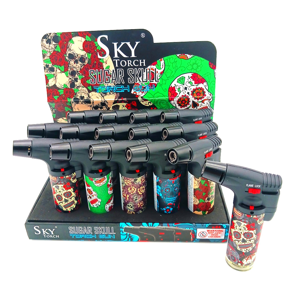 SK101SS Sky Sugar Skull side torch lighter 15 count display with adjustable wind-resistant flame, durable body, and reliable ignition for daily and outdoor use.