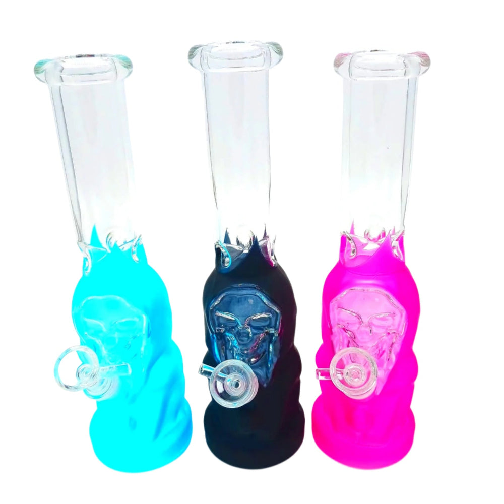 Skull design clear glass water pipe with colorful accents, made from durable thick glass for smooth filtration, strong build quality, and a stylish smoking experience.