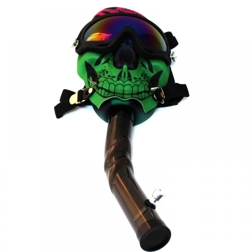 Skull gas mask multi color acrylic water pipe set, durable connected mask and pipe design for filtered airflow and unique smoking experience.