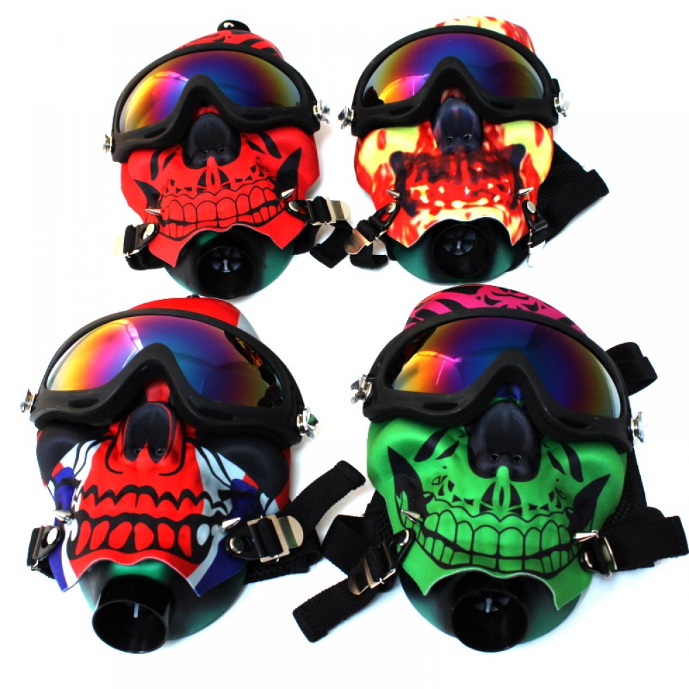 Skull design multi color gas mask with acrylic water pipe set, adjustable strap mask with durable acrylic pipe for a unique novelty smoking setup.