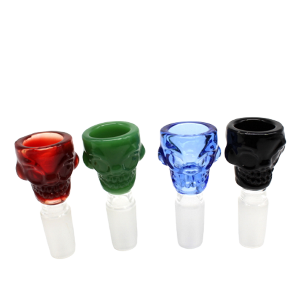 Skull designed assorted color 14MM male glass bowl made from heat resistant glass for smooth airflow and durability.