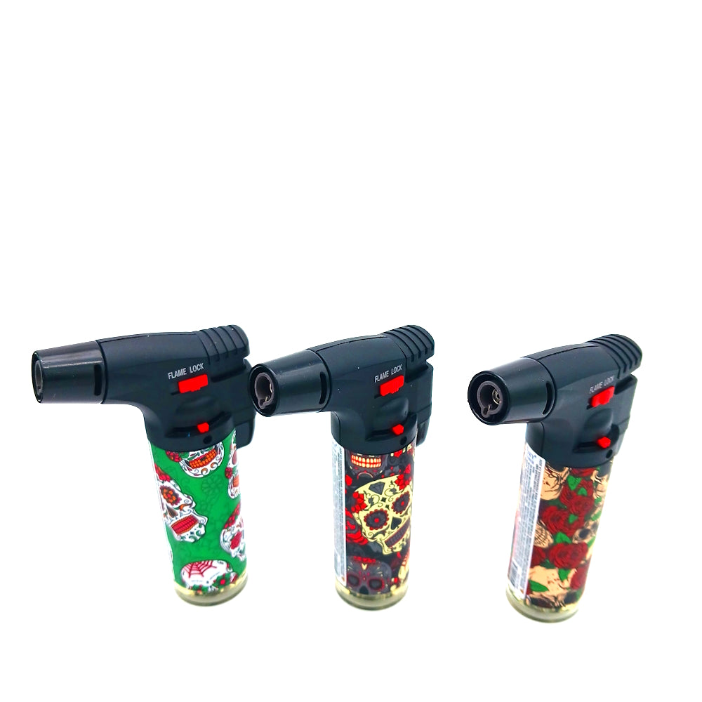 SK101SS Sky Sugar Skull side torch lighter 15 ct display with adjustable flame, wind-resistant torch performance, and durable design for reliable use.
