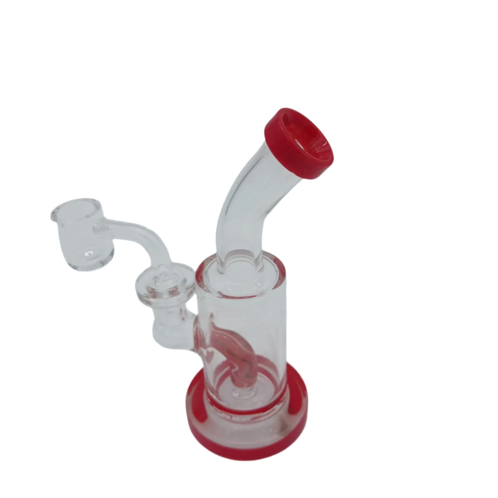 Small color tube glass dab rig water pipe featuring durable borosilicate construction and 14mm male quartz banger for smooth and clean vapor hits.