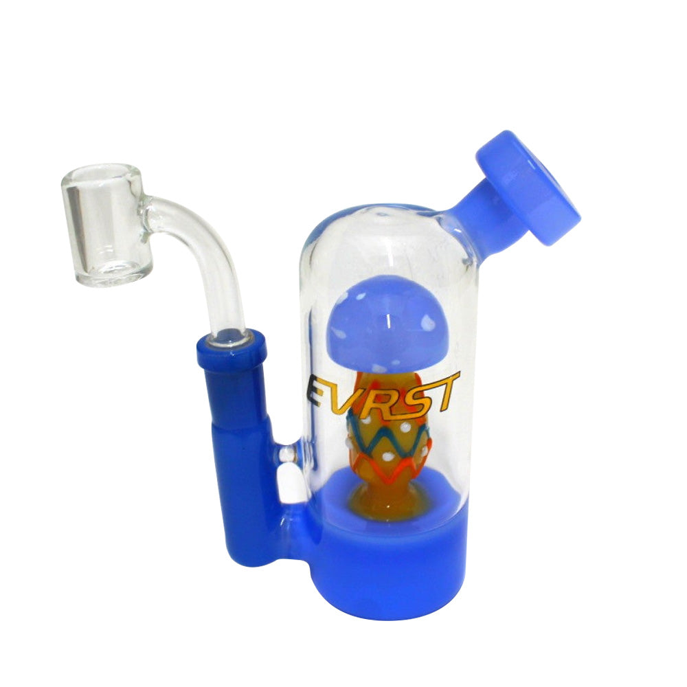 Small EVRST mushroom shape dab rig water pipe with 14mm male banger, featuring a unique mushroom-inspired design, durable glass construction, and smooth airflow for concentrate use.