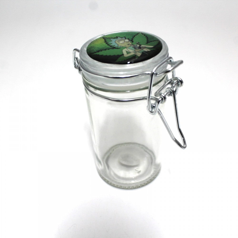 Small glass storage jar with decorative top decal design, clip lock lid, and durable airtight glass construction for secure storage use.