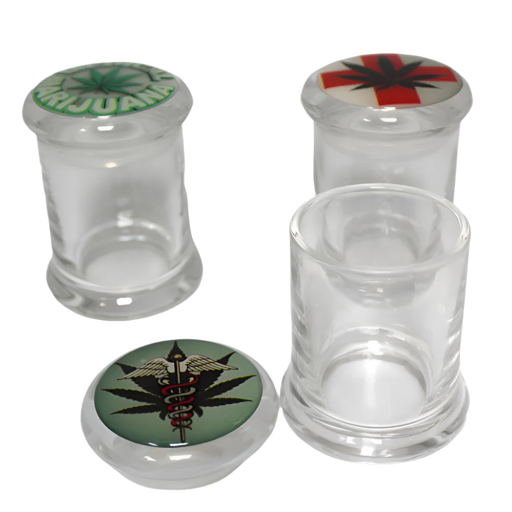 Small glass jar with decorative sticker design and built-in LED light, featuring a secure lid and durable glass construction for stylish storage.