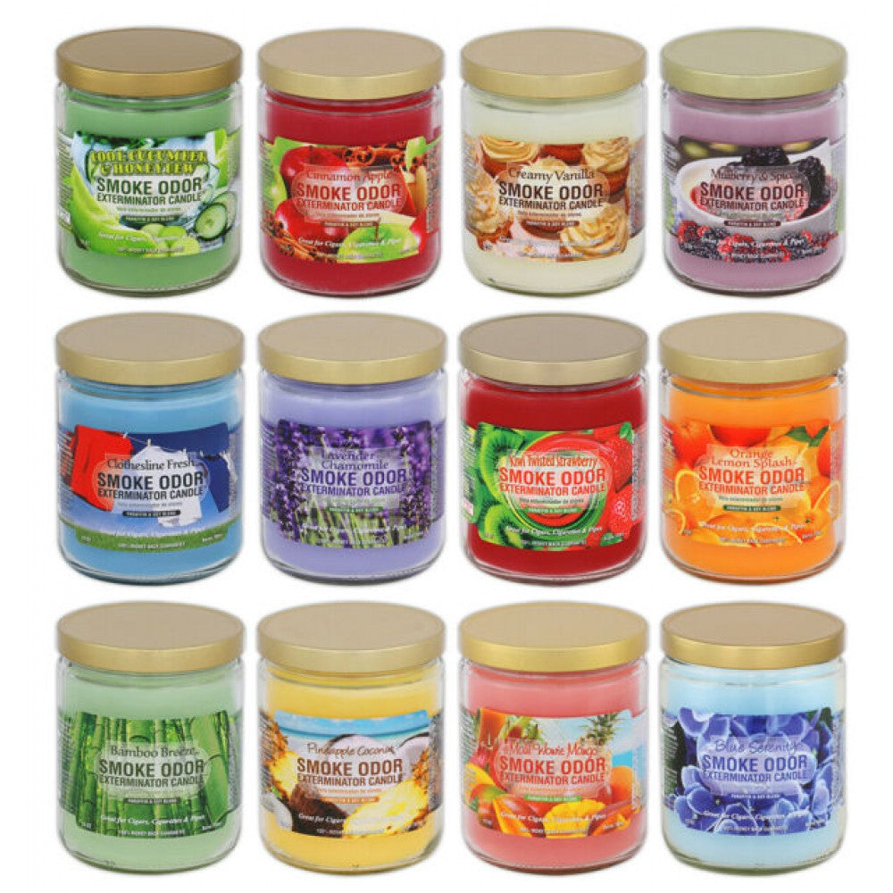 Smoke Odor Exterminator Glass Jar Candle 13 oz odor eliminating candle in glass jar designed to remove smoke smells and keep indoor spaces fresh.