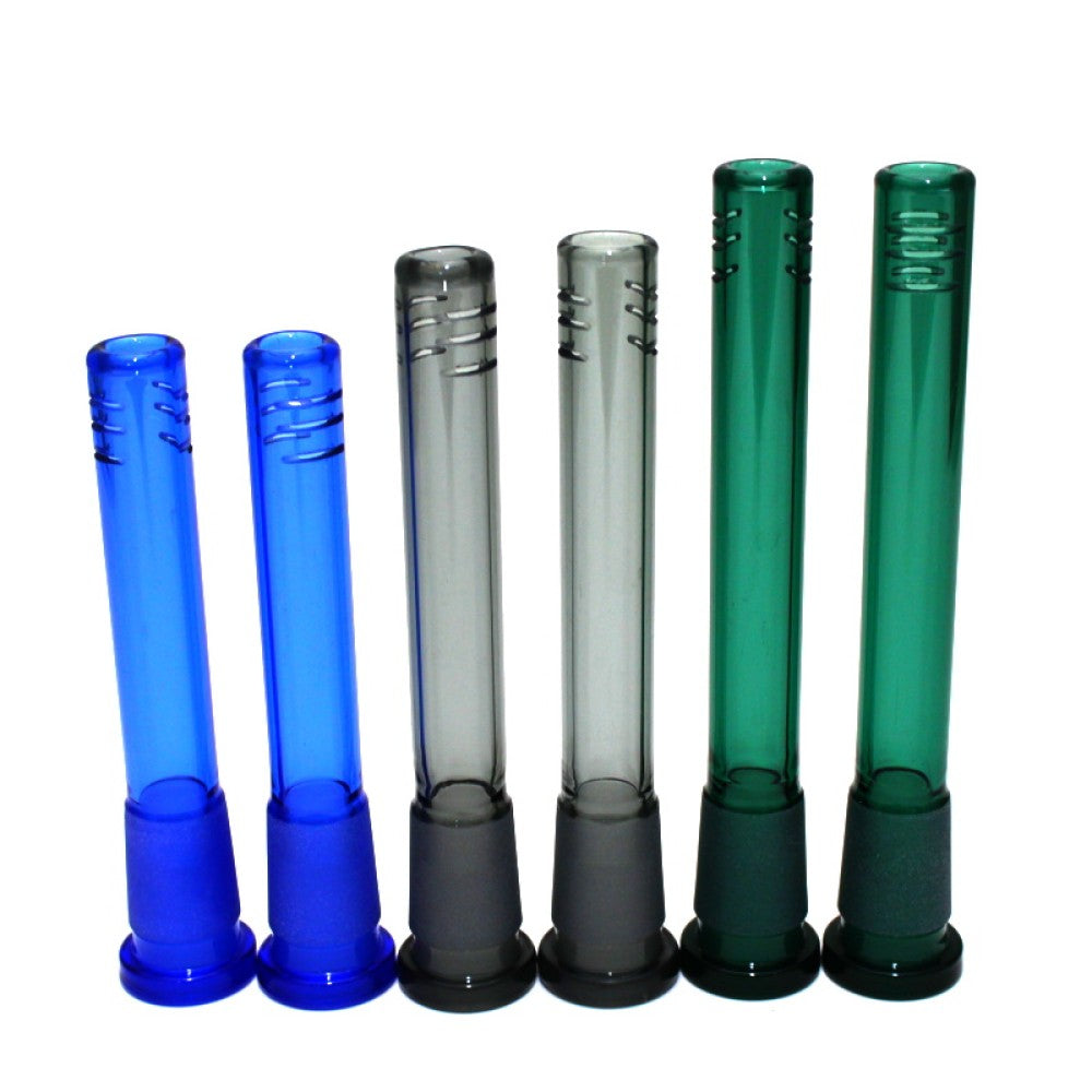 Solid color downstem 18MM male to 14MM female glass on glass adapter made from durable heat resistant glass.