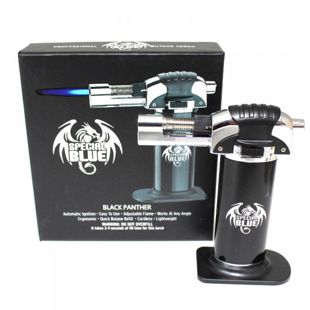 Special Blue Black Panther Torch Lighter with bold themed design, powerful flame, adjustable control, refillable butane system, and durable build.