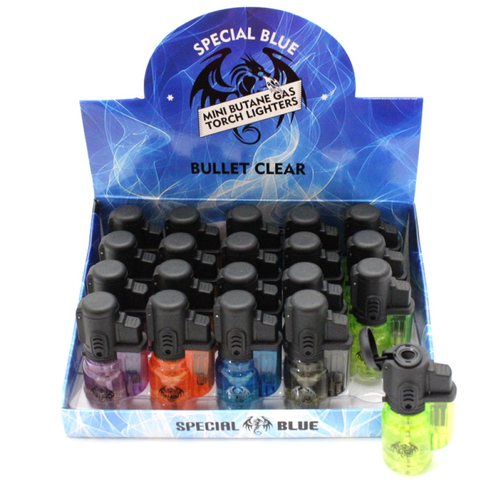 Special Blue Bullet Clear Lighter with transparent bullet design, reliable ignition system, compact build, and 20-piece pack packaging.