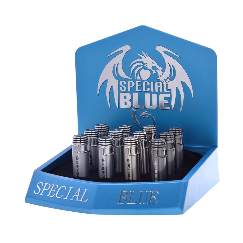 Special Blue Bullet Deluxe Torch Lighter with bullet-style design, powerful flame, refillable butane system, and 12-piece box packaging.